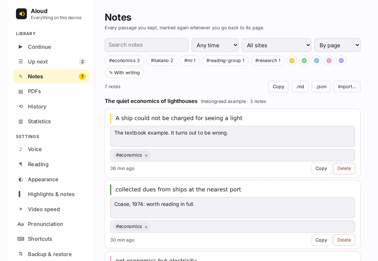 The Notes page in Aloud's Library: a search box, filters for time, site and order, tag chips such as economics, italiano and research with their counts, colour filters, and notes grouped by the page they came from, each with its comment and tags.