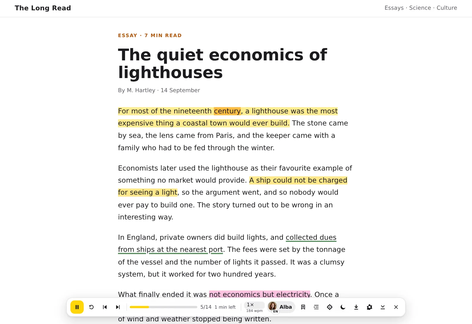 An essay being read by Aloud: the current sentence is shaded and the word century is marked inside it; two passages kept earlier stay highlighted in yellow and pink, one is underlined in green, and the reading bar at the bottom shows sentence 5 of 14 and one minute left.